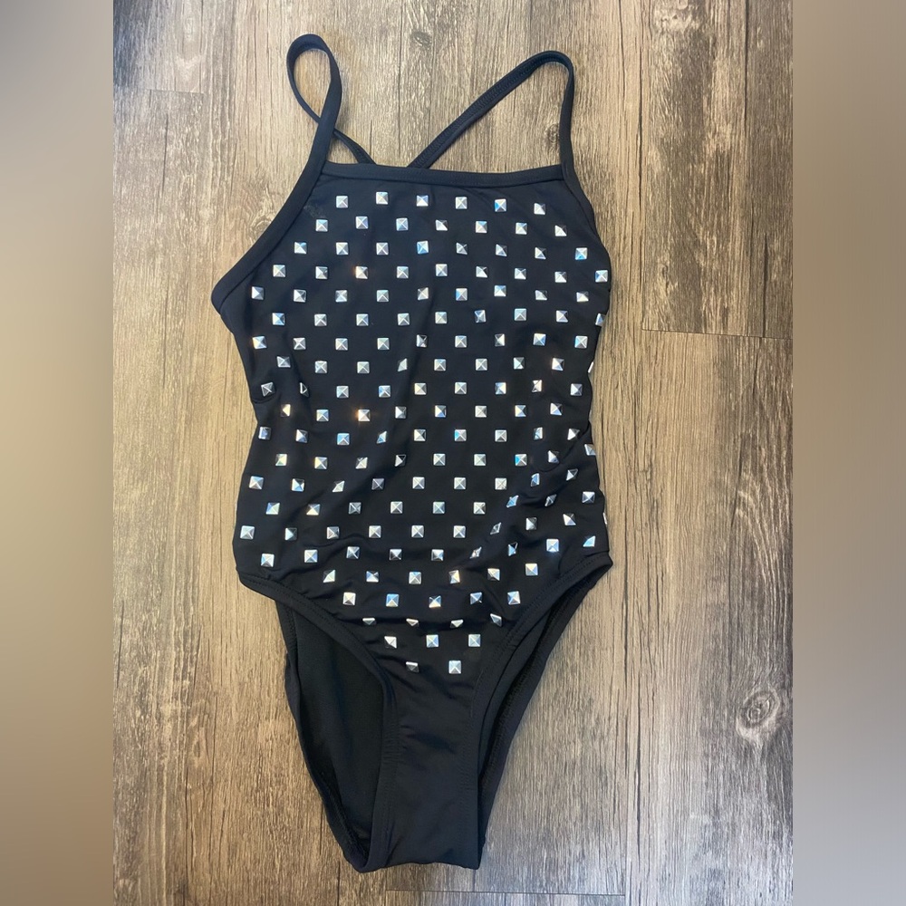 TYR Durafast Black & Silver Studded Cross Cut Fit Women’s Swimsuit Size: 28